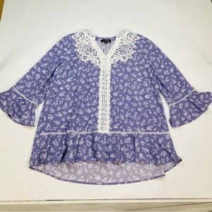 Suzanne Betro 1X Purple Floral Lace Trim Ruffle Hem High Low Blouse‎ Plus Size